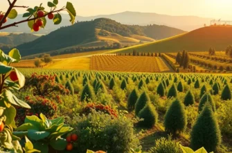 A peaceful landscape showcasing vibrant organic produce in a sunlit orchard.