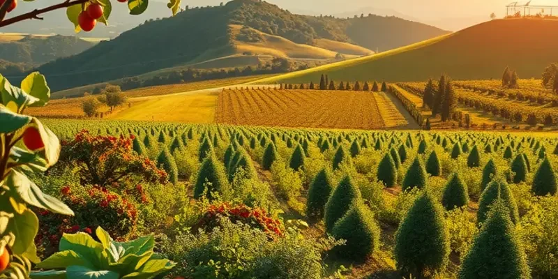 A peaceful landscape showcasing vibrant organic produce in a sunlit orchard.