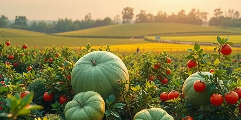 A lush and vibrant field of organic fruits and vegetables under soft sunlight.