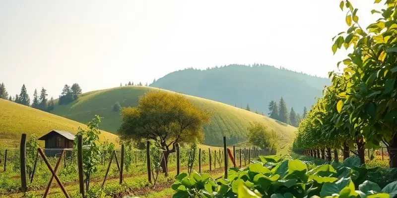 A picturesque field filled with diverse fruits and vegetables, showcasing a natural, organic landscape.