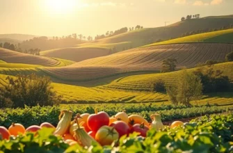 A beautiful sunset over a lush field filled with fresh vegetables and fruits, symbolizing the benefits of natural foods on mood.