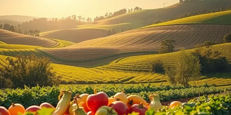 A beautiful sunset over a lush field filled with fresh vegetables and fruits, symbolizing the benefits of natural foods on mood.
