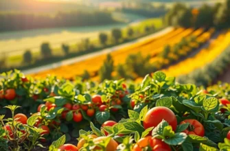 A picturesque landscape of an orchard filled with colorful vegetables and fruits bathed in sunlight.