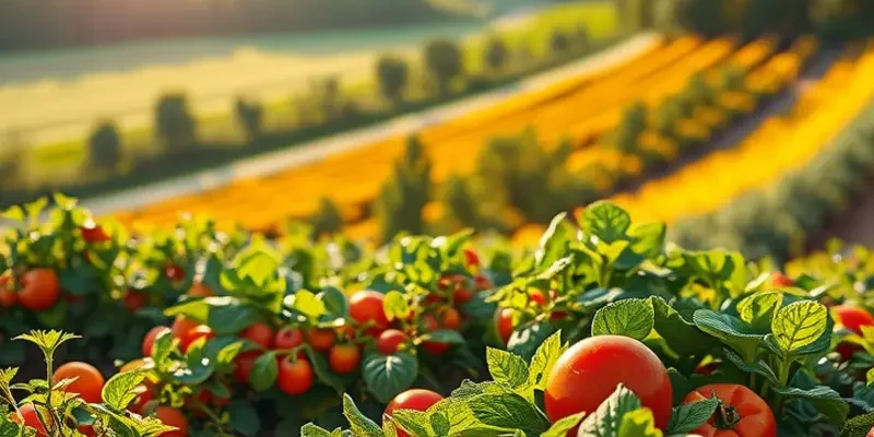 A picturesque landscape of an orchard filled with colorful vegetables and fruits bathed in sunlight.
