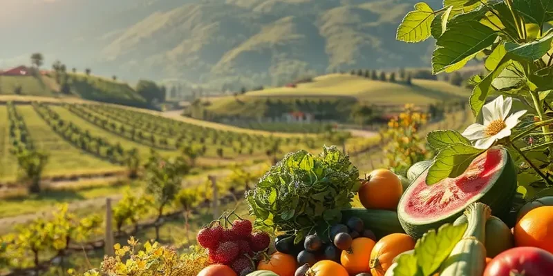 A sunlit field overflowing with fresh vegetables and fruits, symbolizing health and wellness.