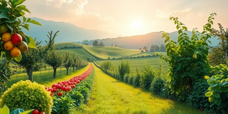 A scenic field filled with vibrant vegetables and fruits, symbolizing the richness of global culinary traditions.