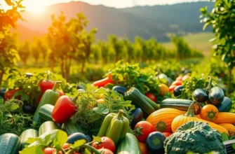A vibrant sunlit field rich with vegetables and fruits representing global food culture.