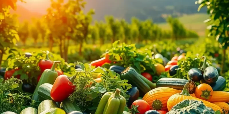 A vibrant sunlit field rich with vegetables and fruits representing global food culture.
