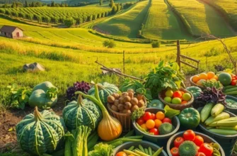 Sunlit landscape showcasing a bountiful field of organic fruits and vegetables flourishing in a natural setting.