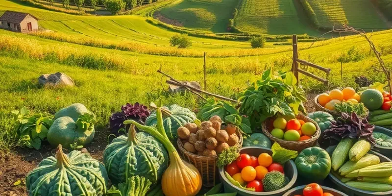 Sunlit landscape showcasing a bountiful field of organic fruits and vegetables flourishing in a natural setting.