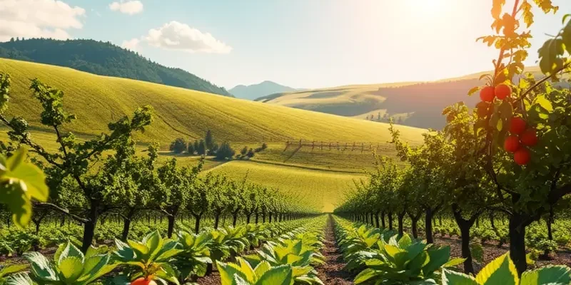 A naturally vibrant landscape featuring healthy produce under warm sunlight.