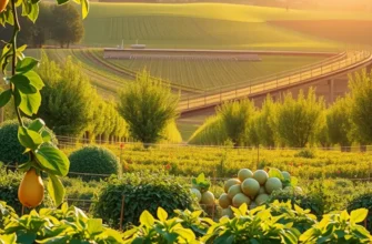 A beautiful field displaying an abundance of fresh vegetables and fruits under warm sunlight.