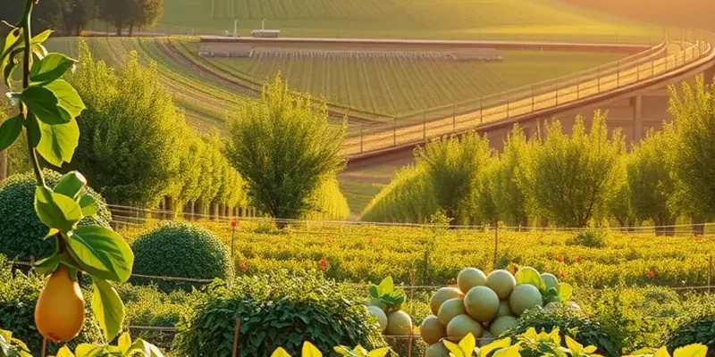 A beautiful field displaying an abundance of fresh vegetables and fruits under warm sunlight.