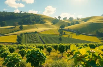 A scenic orchard filled with diverse fruits and vegetables under soft sunlight, representing nature's abundance.