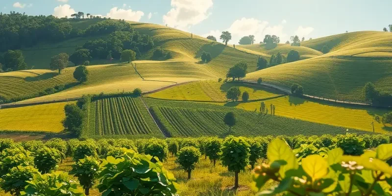 A scenic orchard filled with diverse fruits and vegetables under soft sunlight, representing nature's abundance.