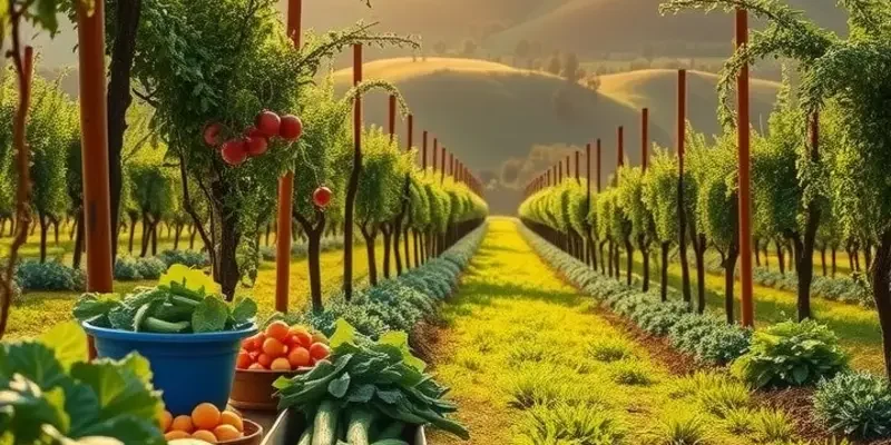 A beautiful orchard filled with fresh vegetables and fruits, evoking the spirit of grilling and organic produce.