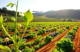 A bright field filled with a variety of colorful fruits and vegetables among lush greenery.