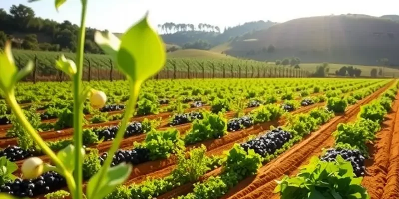A bright field filled with a variety of colorful fruits and vegetables among lush greenery.