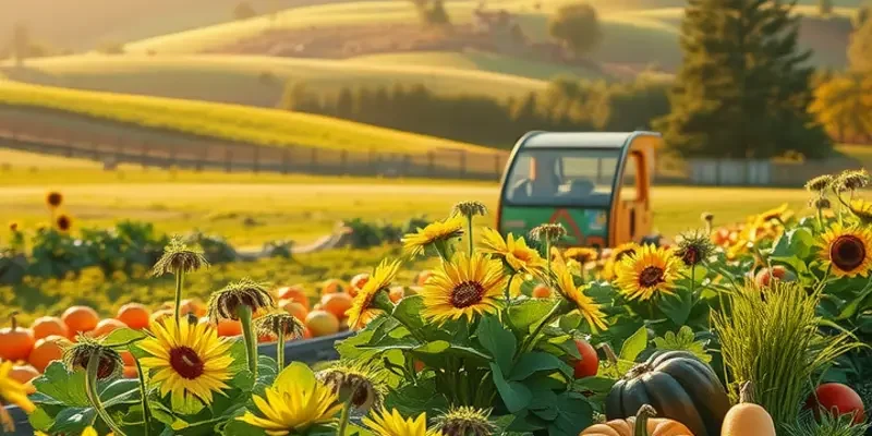 A lush, sunlit field showcasing a variety of healthy produce in harmony with nature.