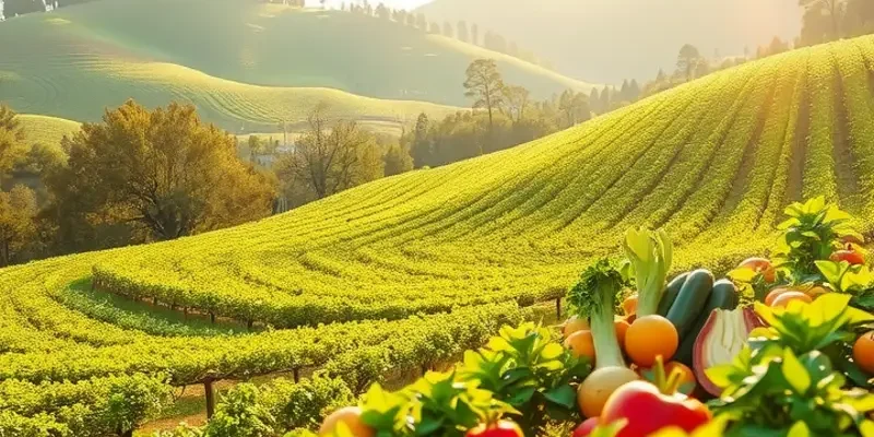 A picturesque landscape of healthy fruits and vegetables in a natural setting.