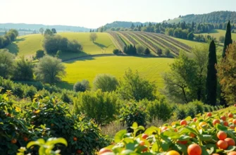 A picturesque landscape showcasing an orchard rich with organic produce under radiant sunlight.