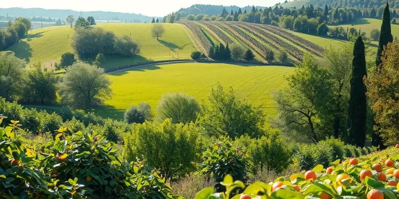 A picturesque landscape showcasing an orchard rich with organic produce under radiant sunlight.