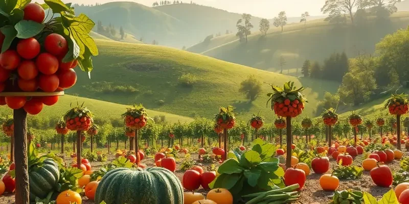 A scenic view of a sunlit field filled with organic produce.