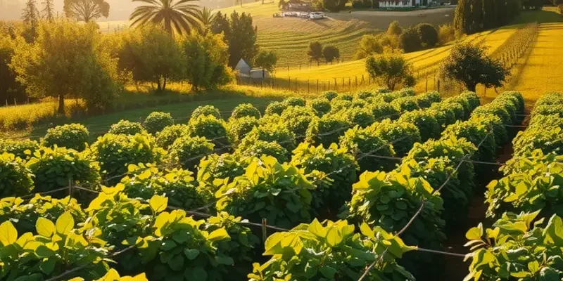 A beautiful landscape filled with fresh organic vegetables and fruits in a sunlit field.