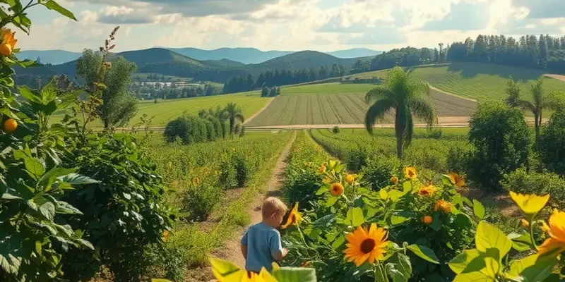 A sunlit field overflowing with vibrant fruits and vegetables, visually symbolizing healthy eating and nutrition.