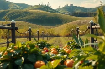 A scenic view of a sunlit field filled with fresh vegetables and fruits reflecting healthy nutrition.