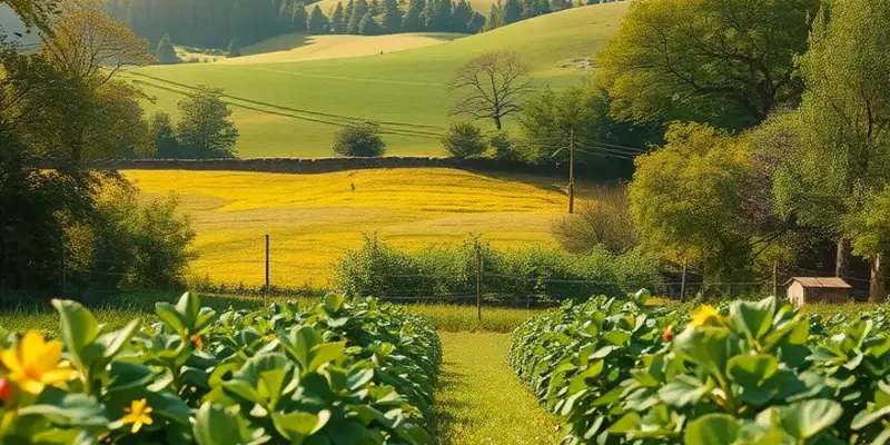 A sunlit field filled with vibrant vegetables and fruits, surrounded by lush greenery, highlighting organic nutrition.