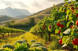 A bright field filled with an assortment of vegetables and fruits under the warm sunlight.