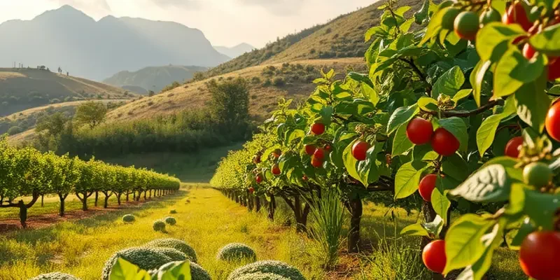 A bright field filled with an assortment of vegetables and fruits under the warm sunlight.