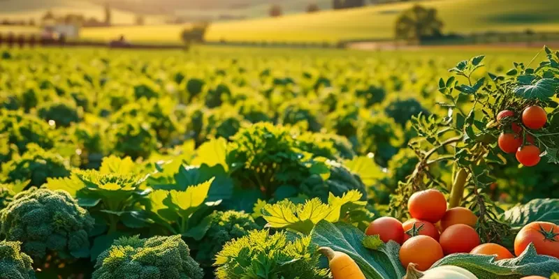 A peaceful sunlit field with vibrant farm produce flourishing in a natural environment.