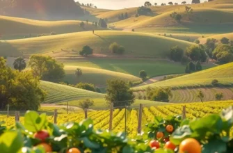 A sunlit landscape featuring an orchard of fresh produce, illustrating organic abundance.