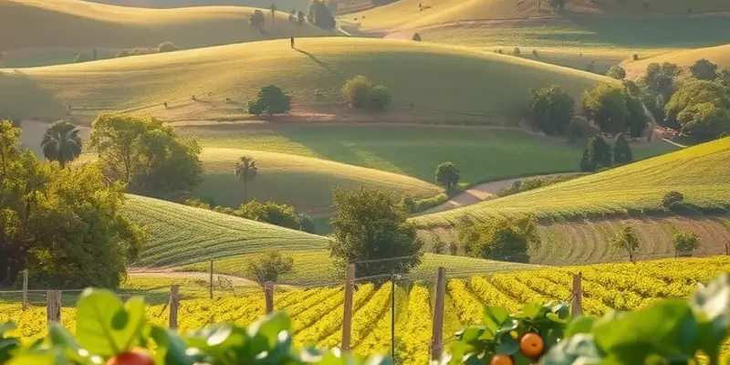 A sunlit landscape featuring an orchard of fresh produce, illustrating organic abundance.