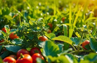 A sunlit field full of vibrant vegetables surrounded by greenery, symbolizing the freshness of low-calorie meal preparation.