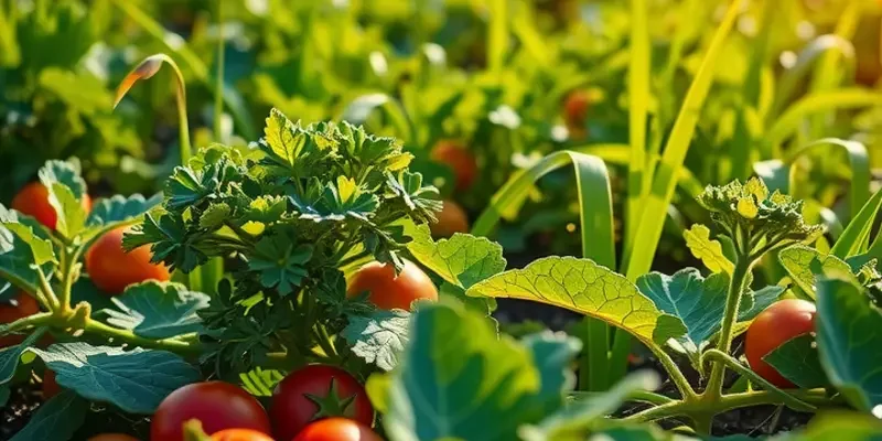 A sunlit field full of vibrant vegetables surrounded by greenery, symbolizing the freshness of low-calorie meal preparation.