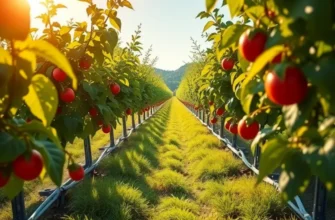 A sunlit orchard showcasing vibrant vegetables and fruits, surrounded by lush greenery.