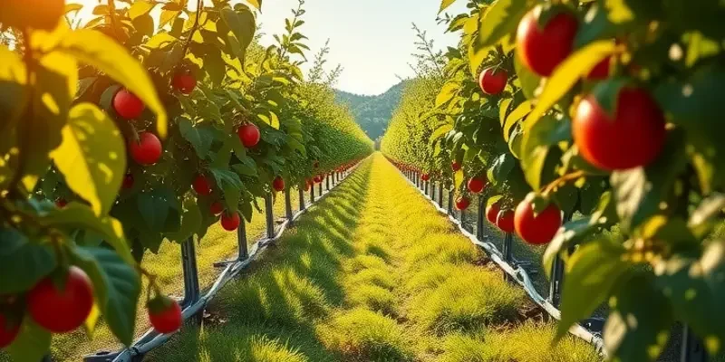 A sunlit orchard showcasing vibrant vegetables and fruits, surrounded by lush greenery.