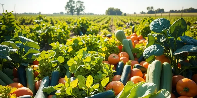 A sunlit field of fresh vegetables and fruits, symbolizing healthy meal preparation.
