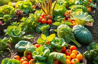 A sunlit field filled with various vegetables and fruits, showcasing natural abundance.