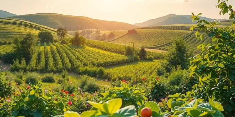 A tranquil sunlit field showcasing a rich variety of organic fruits and vegetables, symbolizing healthy eating.