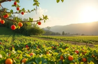 A sunny orchard filled with vibrant fruits and vegetables surrounded by lush greenery.