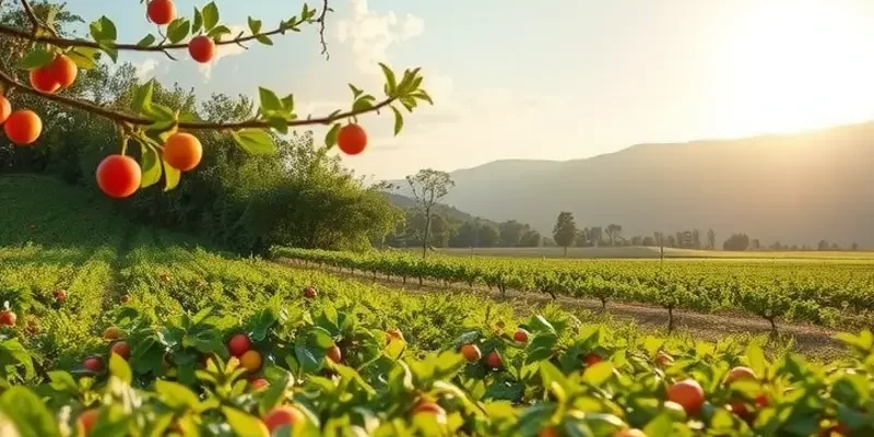 A sunny orchard filled with vibrant fruits and vegetables surrounded by lush greenery.