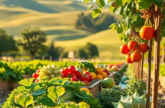 Scenic orchard filled with vibrant fruits and vegetables under soft sunlight.