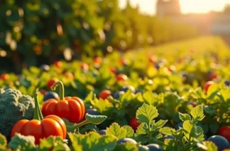 A beautiful sunlit landscape filled with organic fruits and vegetables growing naturally in a lush environment.