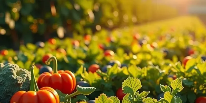 A beautiful sunlit landscape filled with organic fruits and vegetables growing naturally in a lush environment.