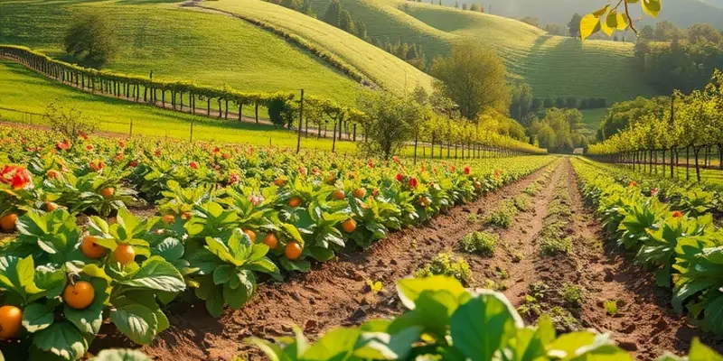 A picturesque landscape of a sunlit orchard, brimming with vibrant fruits and vegetables.