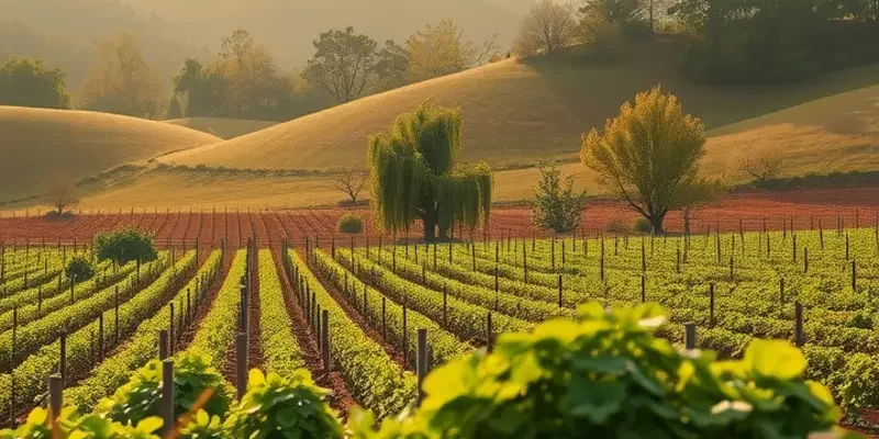A serene view of a lush landscape filled with vibrant organic fruits and vegetables under gentle sunlight.